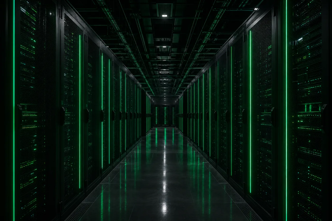 Corredor de data center com racks iluminados em verde